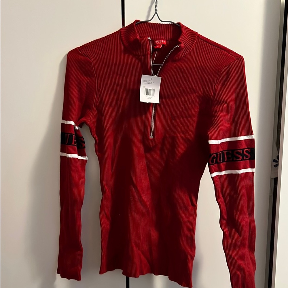 Guess Red Ribbed Long Sleeve Top